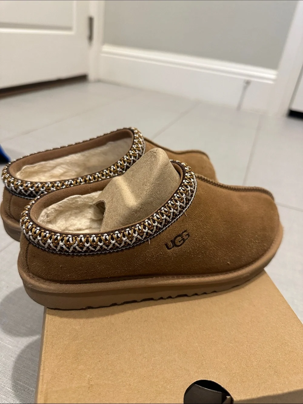 UGG Chestnut Braided-Trim Shearling Lined Slip-On Slippers
